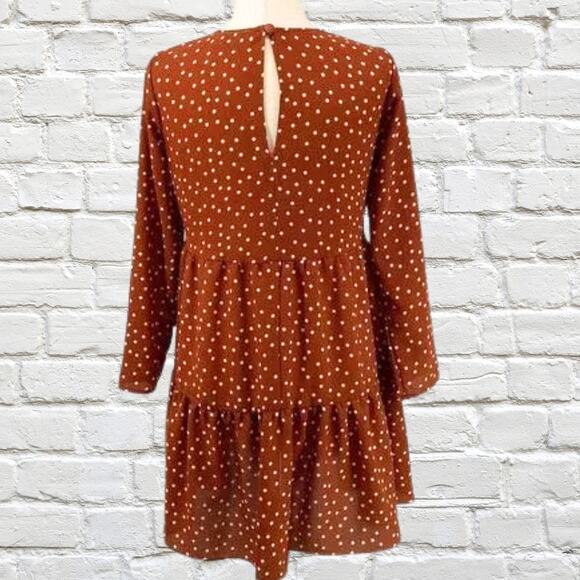 ASOS DESIGN Brown Polka Dot Teired Flowy Long Sleeve Mini Dress Size 6 Fall - Picture 3 of 7